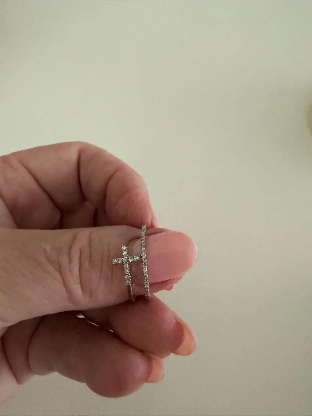 Silver Crystal Cross and Band Ring - Sparkling Silver Tone, .16 carat diamonds